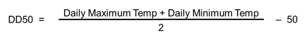 the equation DD50= daily maximum temperature plus daily minimum temperature divided by 2 minus 50
